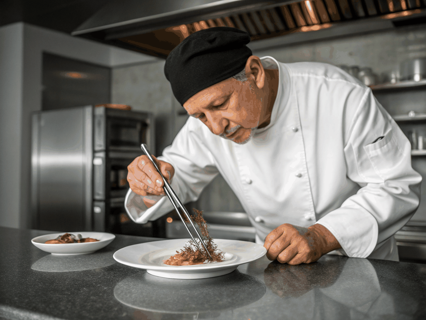 Chef plating a signature dish with precision, modern Chinese restaurant setting