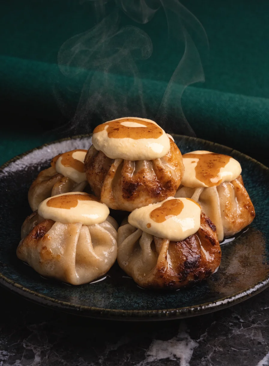 Steamed shrimp dumplings served on a porcelain plate