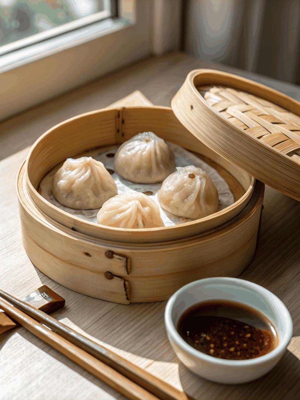 Steaming bamboo baskets of artisanal dim sum