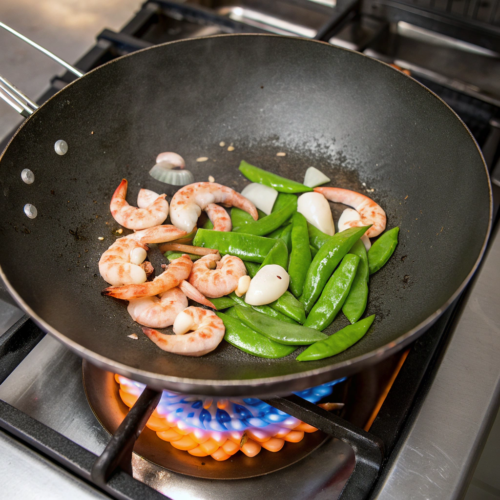 Close-up of traditional wok preparation with precise heat control