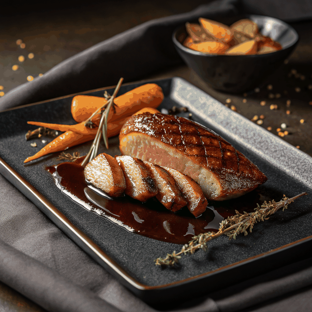 Close-up of a modern, elegantly plated signature dish