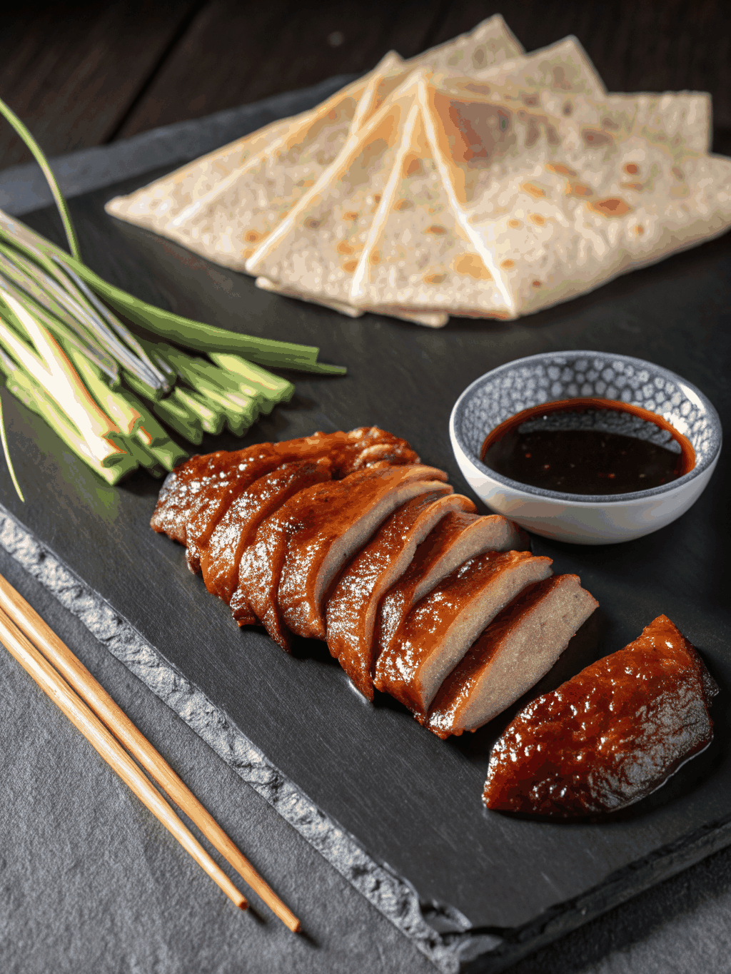 Traditional Peking duck with crispy skin and condiments