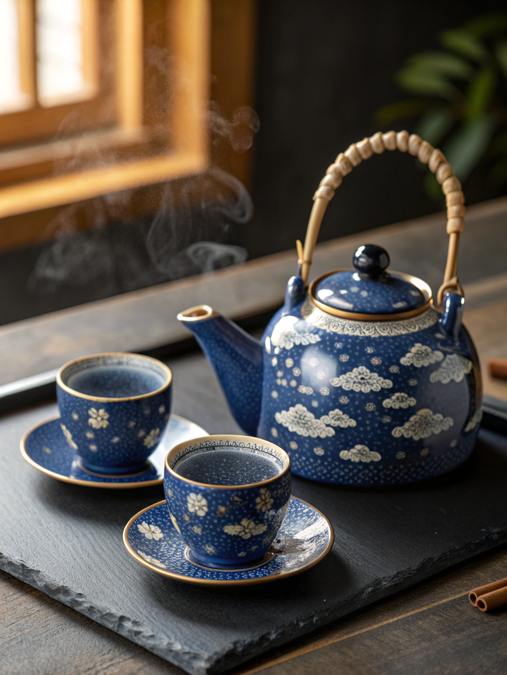 Traditional tea service with ceramic teapot and cups