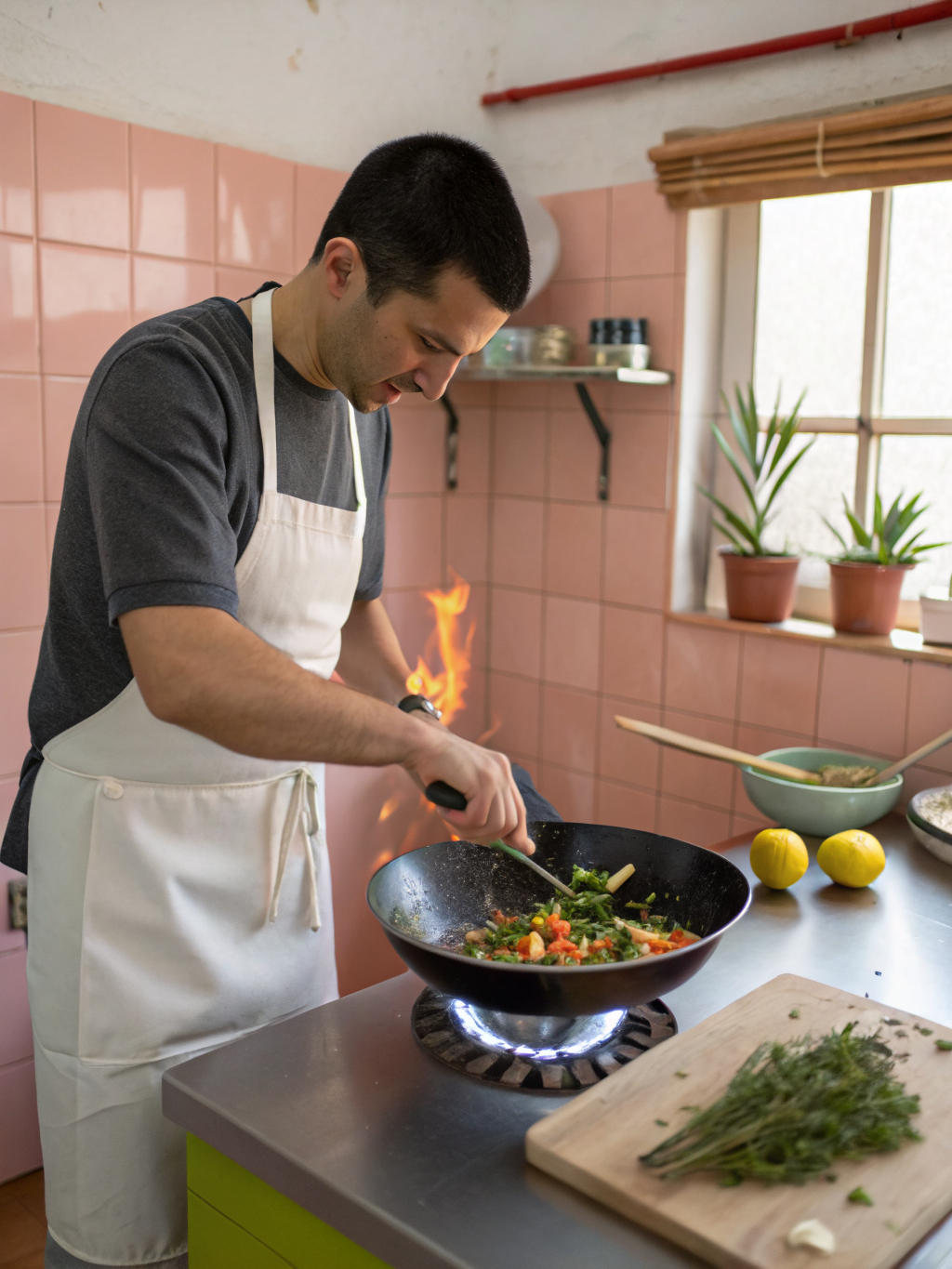Chef tossing fresh vegetables in a flaming wok
